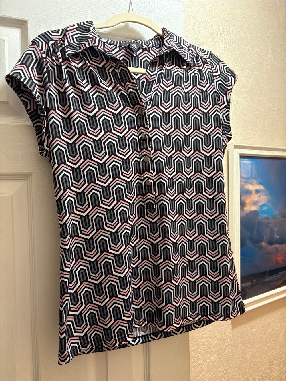 Alfani Geometric Print Cap-Sleeve Blouse, size M